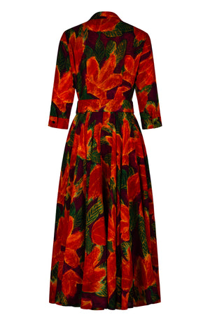 Aster Dress Shirt Collar 3/4 Sleeve Midi Plus Length Wool (Fiori Cactus Multi Dark) - Rapsberry Orannge