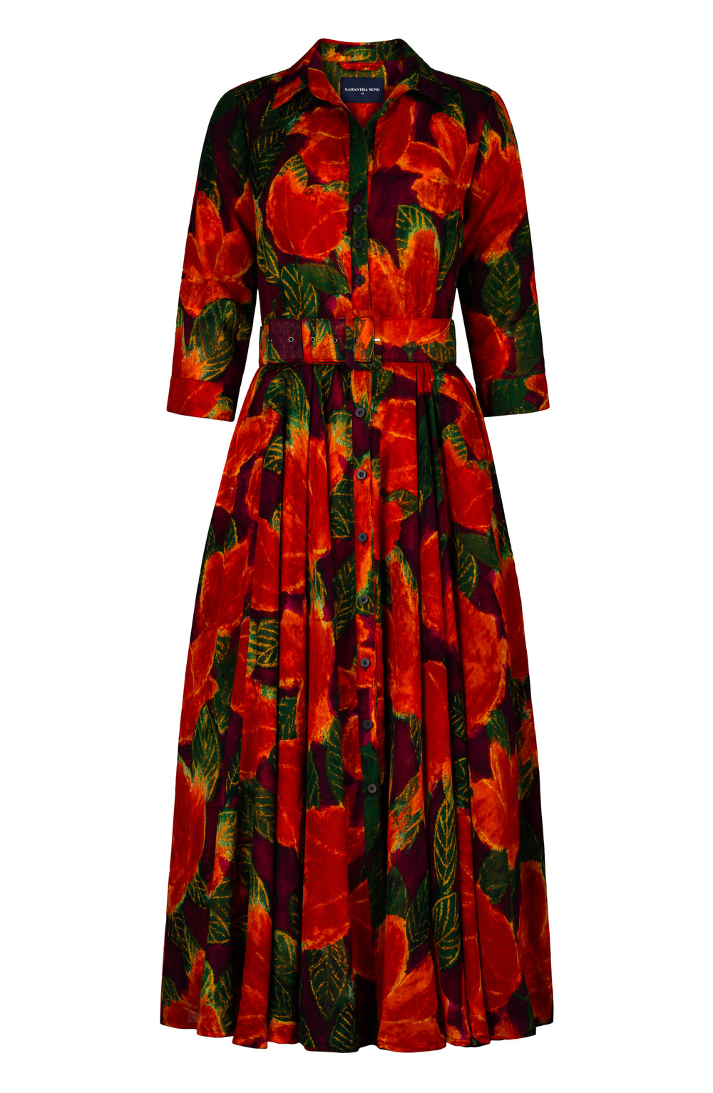 Aster Dress Shirt Collar 3/4 Sleeve Midi Plus Length Wool (Fiori Cactus Multi Dark) - Rapsberry Orannge