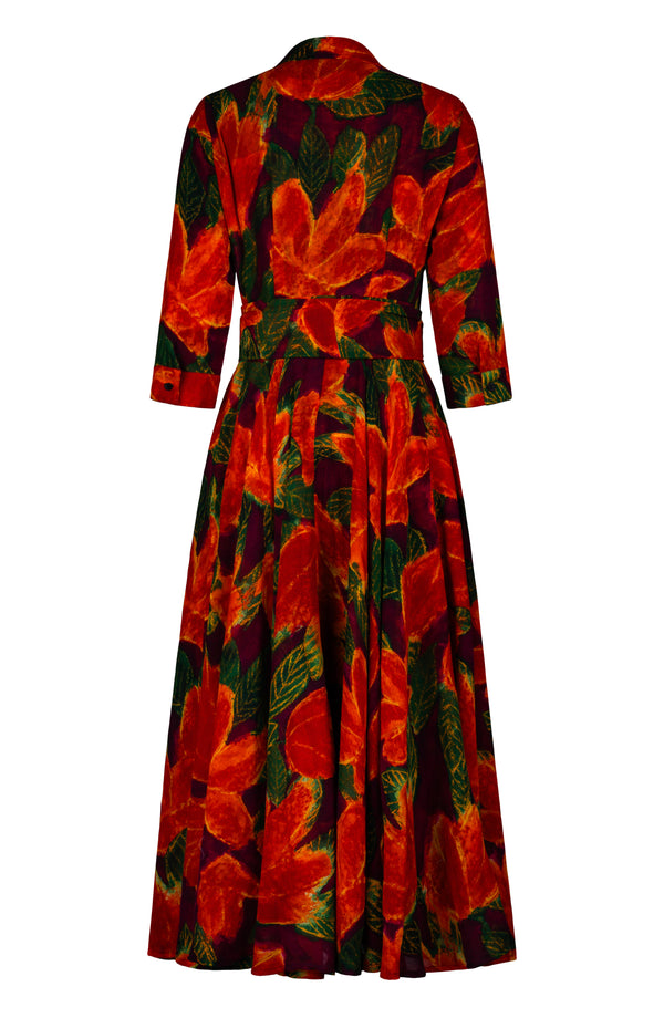 Aster Dress Shirt Collar 3/4 Sleeve Midi Plus Length Wool (Fiori Cactus Multi Dark) - Rapsberry Orannge