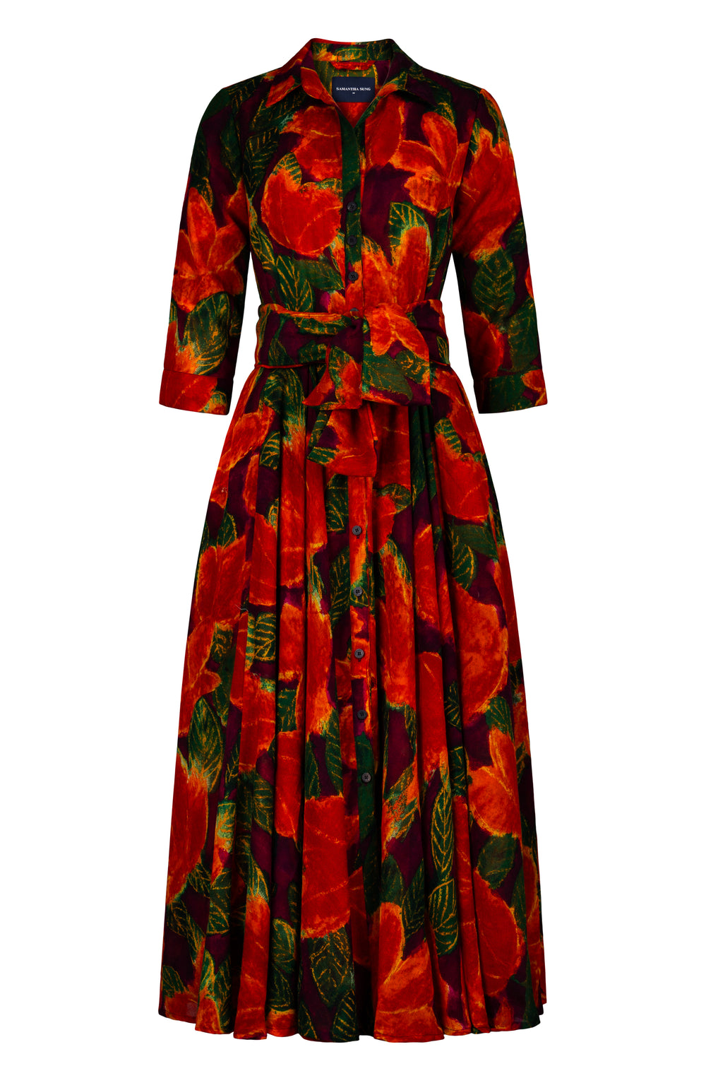 Aster Dress Shirt Collar 3/4 Sleeve Midi Plus Length Wool (Fiori Cactus Multi Dark) - Rapsberry Orannge