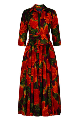Aster Dress Shirt Collar 3/4 Sleeve Midi Plus Length Wool (Fiori Cactus Multi Dark) - Rapsberry Orannge