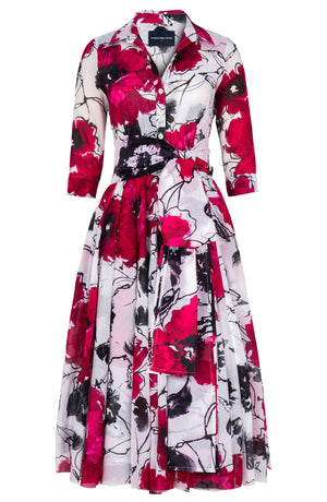 Aster Dress Shirt Collar 3/4 Sleeve Midi Length Cotton Musola (Fiori D'este)