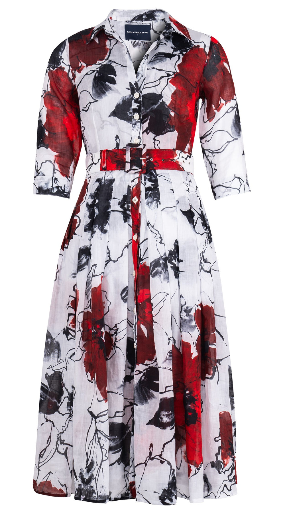 Audrey Dress #4 Shirt Collar 3/4 Sleeve Midi Length Ramie (Fiori D'este Small)