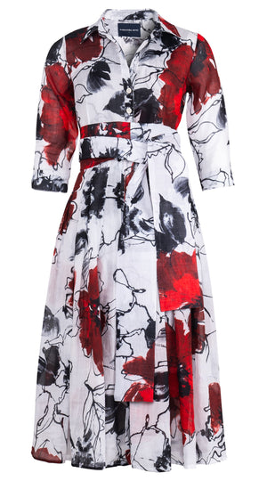 Audrey Dress #4 Shirt Collar 3/4 Sleeve Midi Length Ramie (Fiori D'este Small)