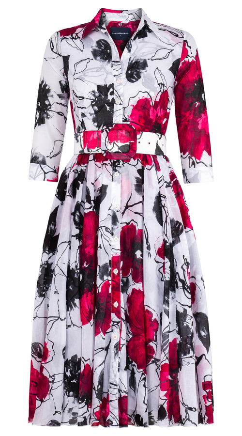Aster Dress Shirt Collar 3/4 Sleeve Midi Length Cotton Musola (Fiori D'este Small)