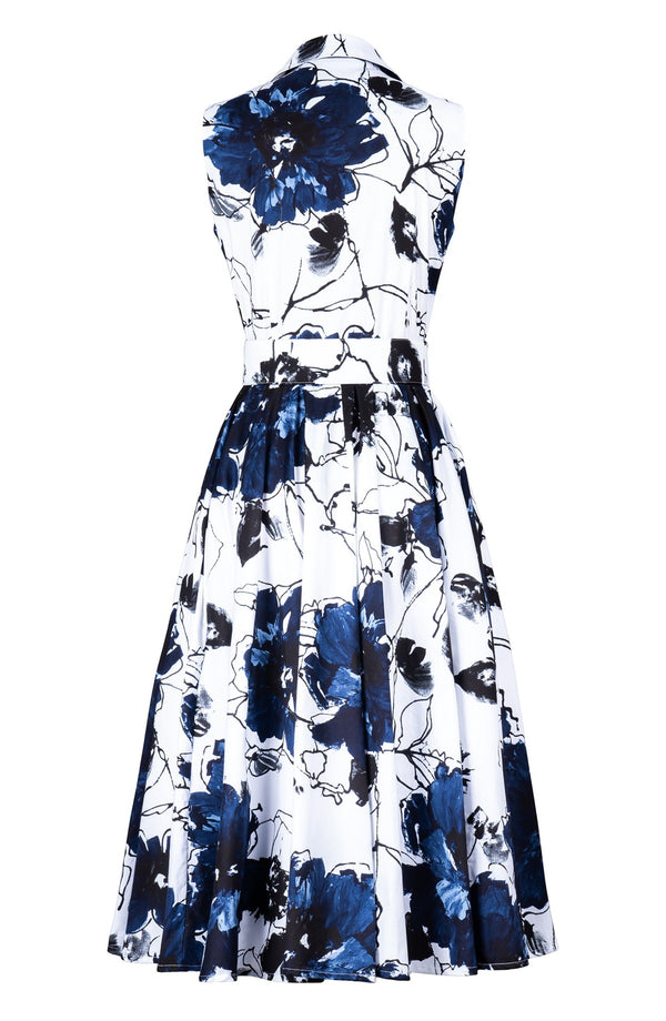 Abelia Dress Shirt Collar Sleeveless Midi Length Cotton Stretch (Fiori D'este)