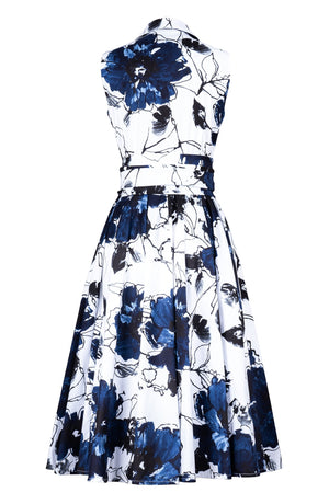Abelia Dress Shirt Collar Sleeveless Midi Length Cotton Stretch (Fiori D'este)