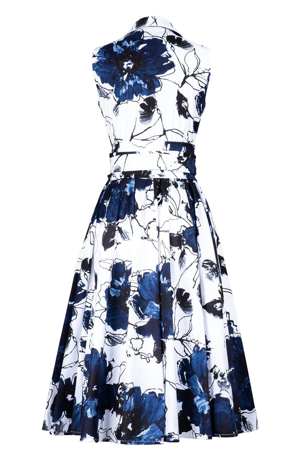 Abelia Dress Shirt Collar Sleeveless Midi Length Cotton Stretch (Fiori D'este)