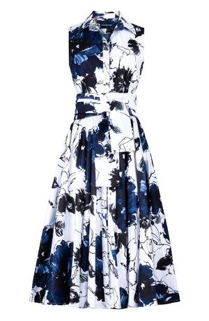 Abelia Dress Shirt Collar Sleeveless Midi Length Cotton Stretch (Fiori D'este)