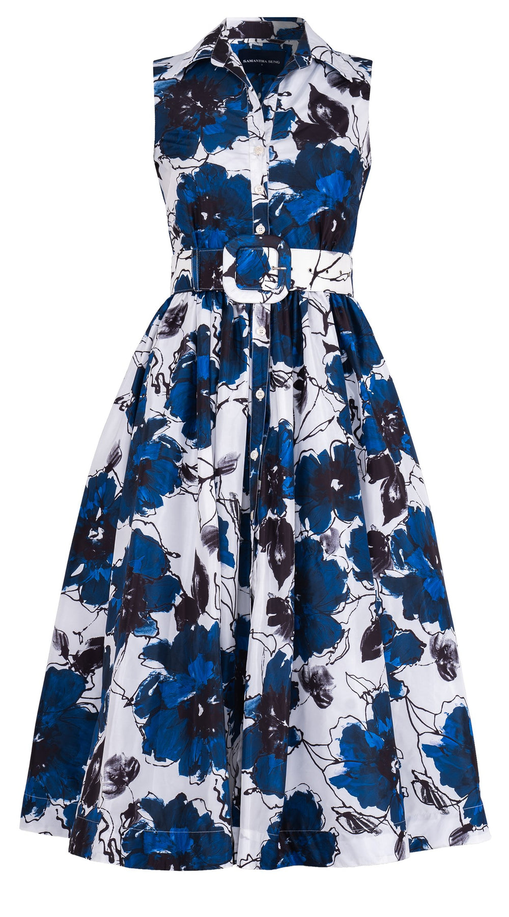 Terry Dress Shirt Collar Sleeveless Midi Plus Length Silk Taffta (Fiori D'este Small)