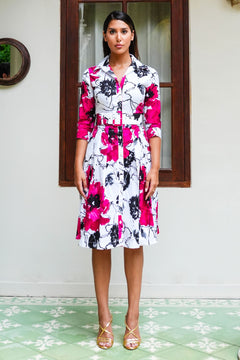 Audrey Dress #3 Shirt Collar 3/4 Sleeve Regular Length Cotton Stretch (Fiori D'este)