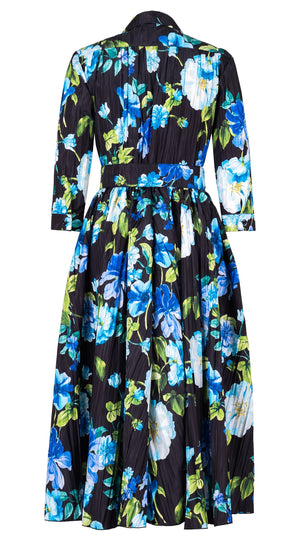 Terry Dress Shirt Collar 3/4 Sleeve Midi Plus Length Silk Taffta (Fiori Florance)
