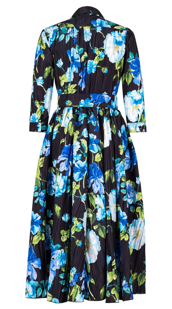 Terry Dress Shirt Collar 3/4 Sleeve Midi Plus Length Silk Taffta (Fiori Florance)