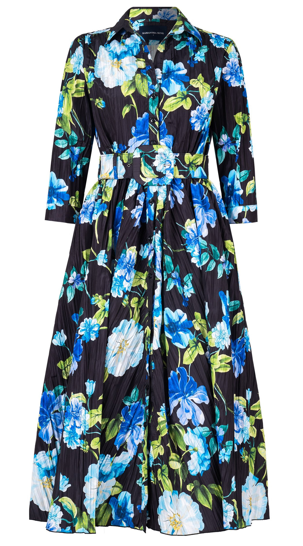 Terry Dress Shirt Collar 3/4 Sleeve Midi Plus Length Silk Taffta (Fiori Florance)
