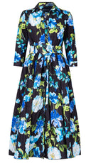 Terry Dress Shirt Collar 3/4 Sleeve Midi Plus Length Silk Taffta (Fiori Florance)