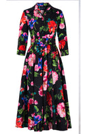 Terry Dress Shirt Collar 3/4 Sleeve Midi Plus Length Poliamide Taffta (Fiori Florance)