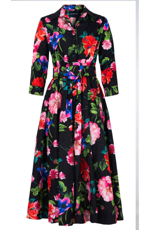Terry Dress Shirt Collar 3/4 Sleeve Midi Plus Length Poliamide Taffta (Fiori Florance)