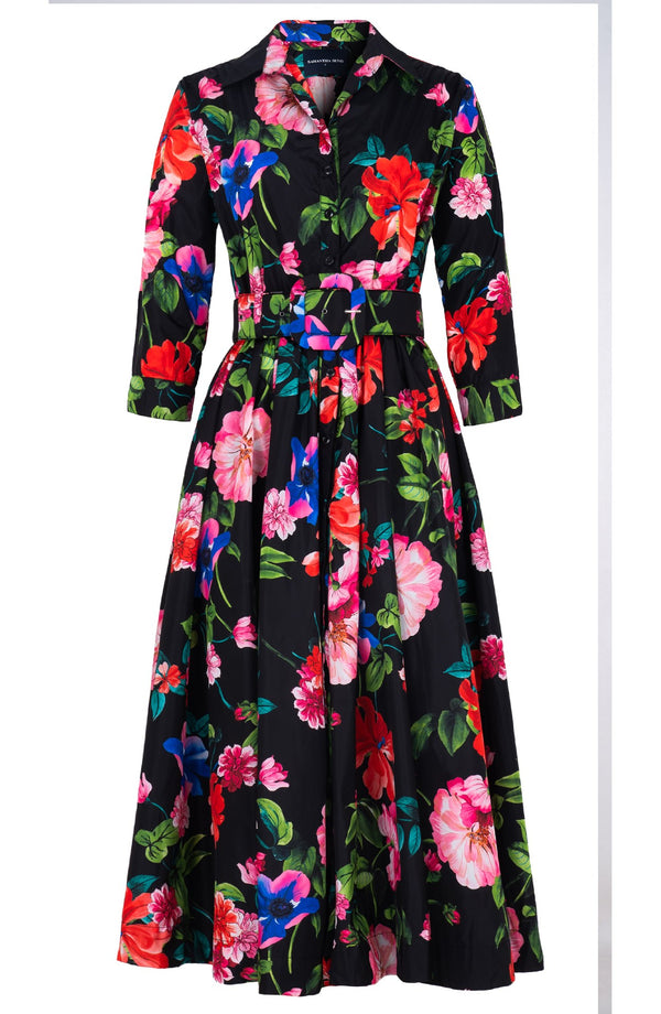 Terry Dress Shirt Collar 3/4 Sleeve Midi Plus Length Poliamide Taffta (Fiori Florance)