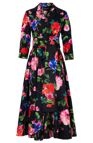 Terry Dress Shirt Collar 3/4 Sleeve Midi Plus Length Poliamide Taffta (Fiori Florance)