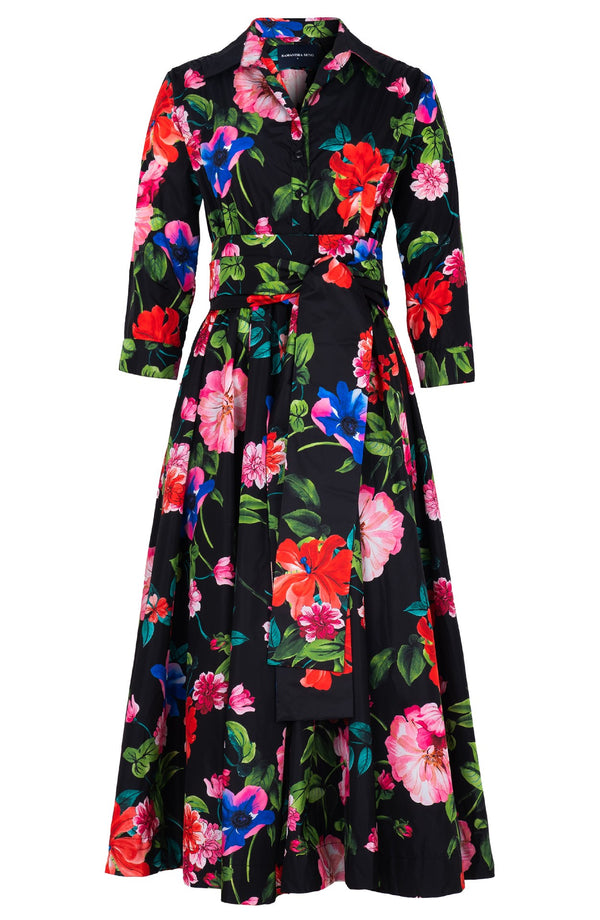Terry Dress Shirt Collar 3/4 Sleeve Midi Plus Length Poliamide Taffta (Fiori Florance)