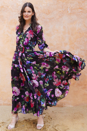 Eva Dress Crew Neck 3/4 Sleeve Maxi Length Ramie (Fiori Florance)