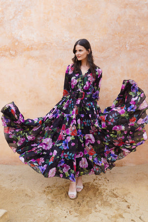 Eva Dress Crew Neck 3/4 Sleeve Maxi Length Ramie (Fiori Florance)