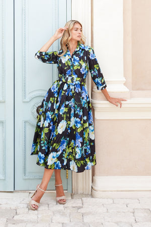 Terry Dress Shirt Collar 3/4 Sleeve Midi Plus Length Poliamide Taffta (Fiori Florance)