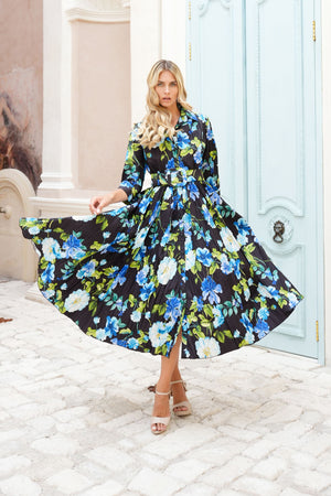 Terry Dress Shirt Collar 3/4 Sleeve Midi Plus Length Poliamide Taffta (Fiori Florance)