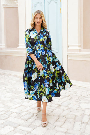 Terry Dress Shirt Collar 3/4 Sleeve Midi Plus Length Poliamide Taffta (Fiori Florance)