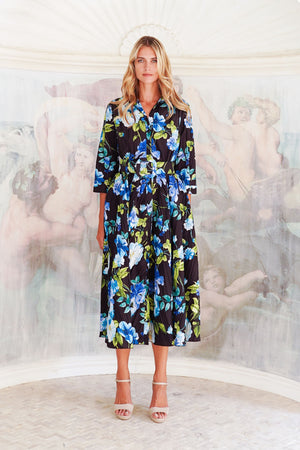 Terry Dress Shirt Collar 3/4 Sleeve Midi Plus Length Poliamide Taffta (Fiori Florance)