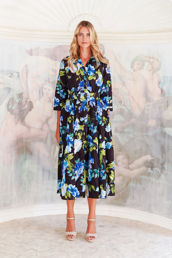 Terry Dress Shirt Collar 3/4 Sleeve Midi Plus Length Poliamide Taffta (Fiori Florance)