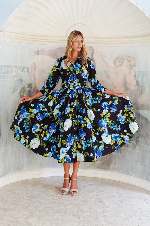 Terry Dress Shirt Collar 3/4 Sleeve Midi Plus Length Poliamide Taffta (Fiori Florance)