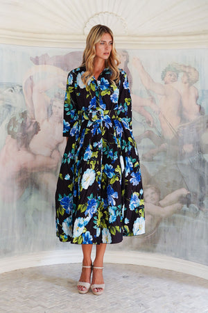 Terry Dress Shirt Collar 3/4 Sleeve Midi Plus Length Poliamide Taffta (Fiori Florance)