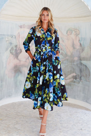 Terry Dress Shirt Collar 3/4 Sleeve Midi Plus Length Poliamide Taffta (Fiori Florance)