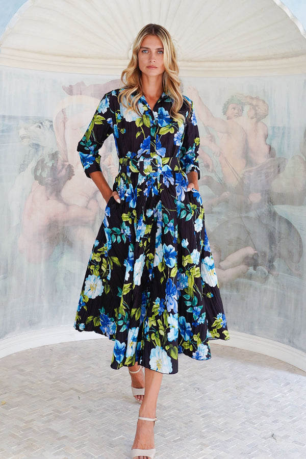 Terry Dress Shirt Collar 3/4 Sleeve Midi Plus Length Poliamide Taffta (Fiori Florance)