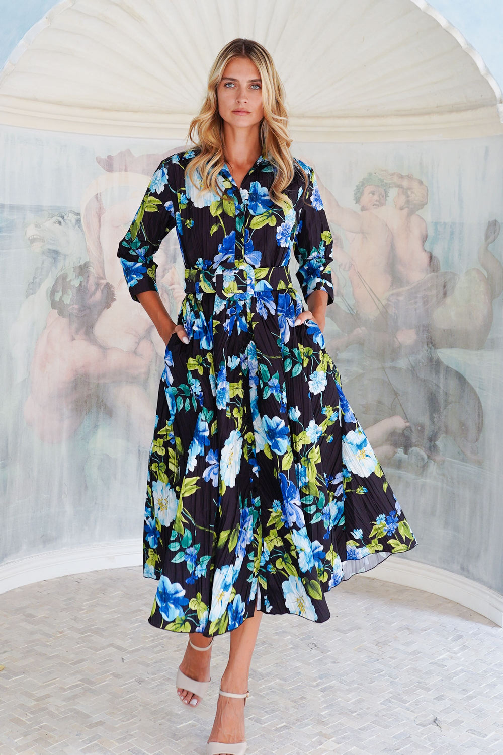 Terry Dress Shirt Collar 3/4 Sleeve Midi Plus Length Poliamide Taffta (Fiori Florance)