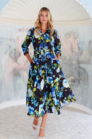 Terry Dress Shirt Collar 3/4 Sleeve Midi Plus Length Poliamide Taffta (Fiori Florance)