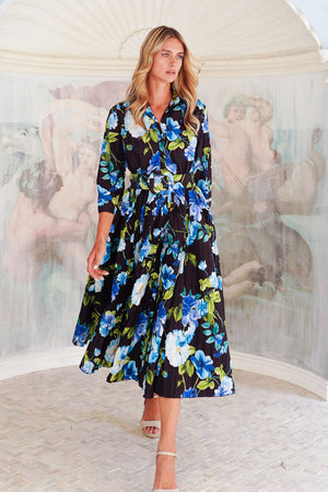 Terry Dress Shirt Collar 3/4 Sleeve Midi Plus Length Poliamide Taffta (Fiori Florance)