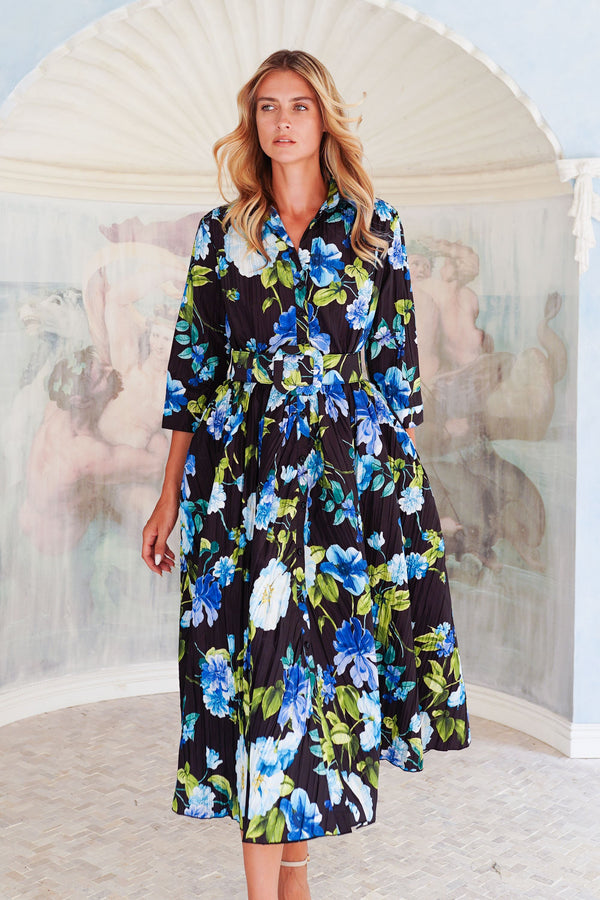 Terry Dress Shirt Collar 3/4 Sleeve Midi Plus Length Poliamide Taffta (Fiori Florance)