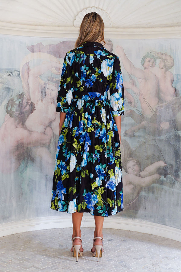 Terry Dress Shirt Collar 3/4 Sleeve Midi Plus Length Poliamide Taffta (Fiori Florance)