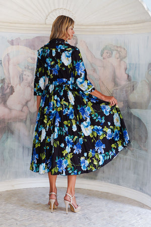 Terry Dress Shirt Collar 3/4 Sleeve Midi Plus Length Poliamide Taffta (Fiori Florance)