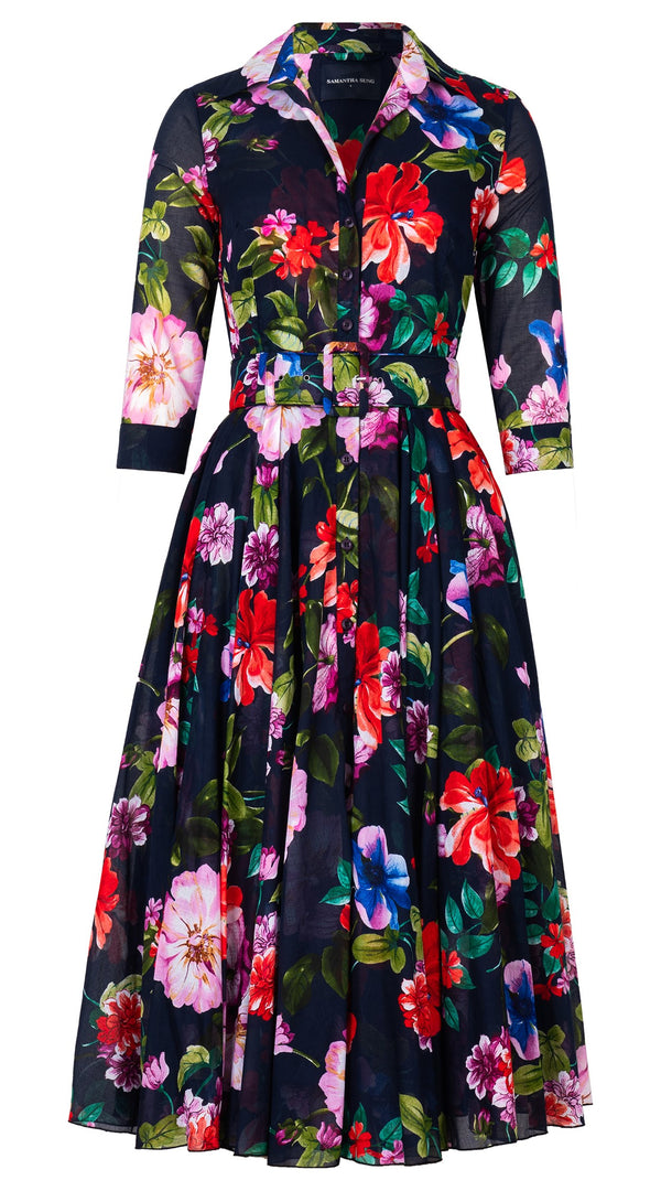 Aster Dress Shirt Collar 3/4 Sleeve Midi Length Cotton Musola (Fiori Florance)