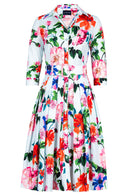 Audrey Dress #2 Shirt Collar 3/4 Sleeve Long Length Cotton Stretch (Fiori Florance)