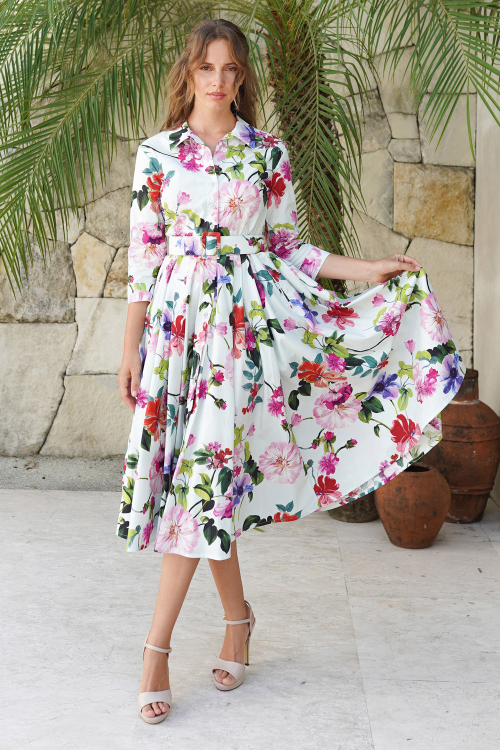 Laurent Dress Shirt Collar 3/4 Sleeve Long Length Cotton Stretch (Fiori Florance)