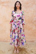 Melanie Dress Crew Neck 3/4 Sleeve Midi Plus Length Ramie (Fiori Florance)