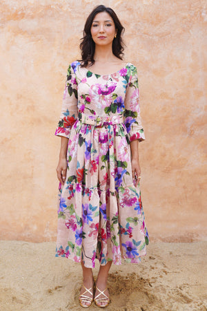 Melanie Dress Crew Neck 3/4 Sleeve Midi Plus Length Ramie (Fiori Florance)