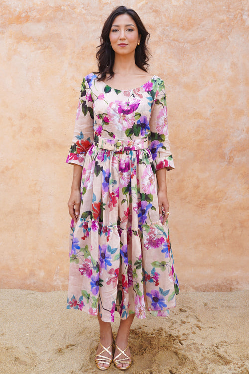 Melanie Dress Crew Neck 3/4 Sleeve Midi Plus Length Ramie (Fiori Florance)