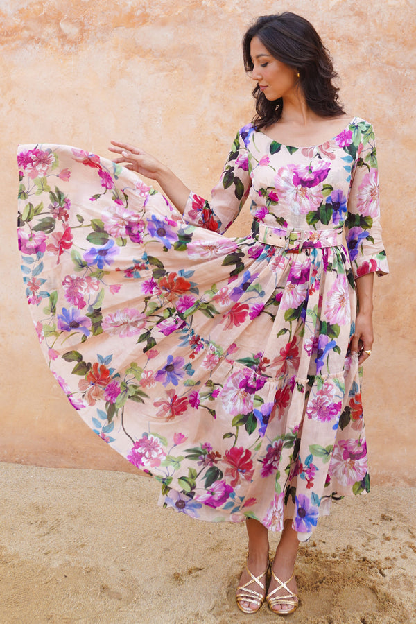 Melanie Dress Crew Neck 3/4 Sleeve Midi Plus Length Ramie (Fiori Florance)