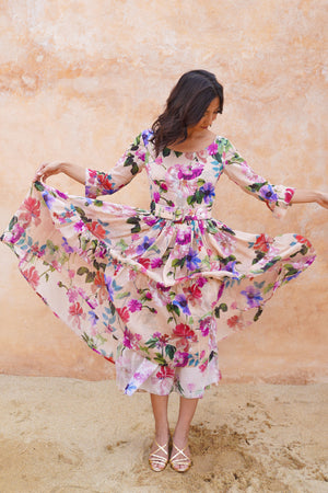Melanie Dress Crew Neck 3/4 Sleeve Midi Plus Length Ramie (Fiori Florance)
