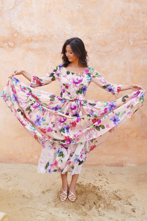 Melanie Dress Crew Neck 3/4 Sleeve Midi Plus Length Ramie (Fiori Florance)